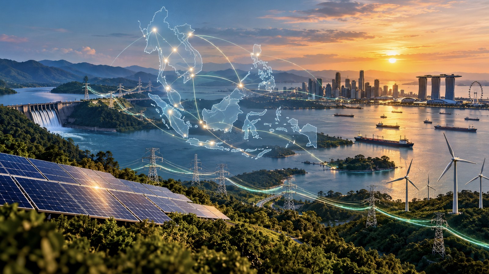 Illustration of an ASEAN Climate Grid: a map of Southeast Asia linking hydropower, solar and wind generation through cross-border transmission lines to the Singapore skyline