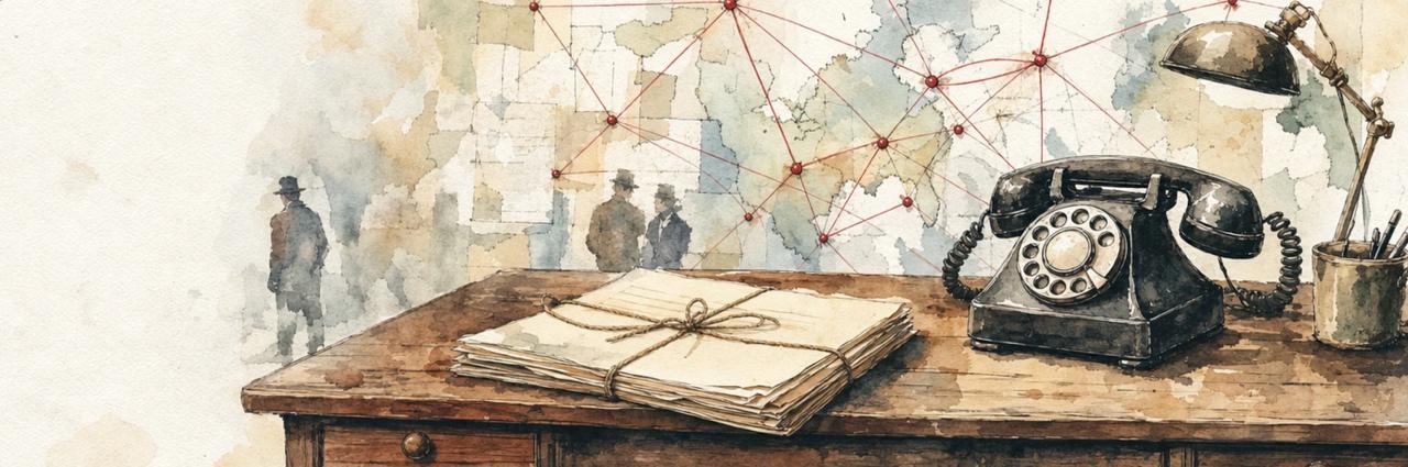 Illustration: an investigator’s desk with a rotary phone, bundled papers and a network map